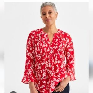 Red And White Pin Tuck Bodice Ramie Summer Tunic NWOT Sz L